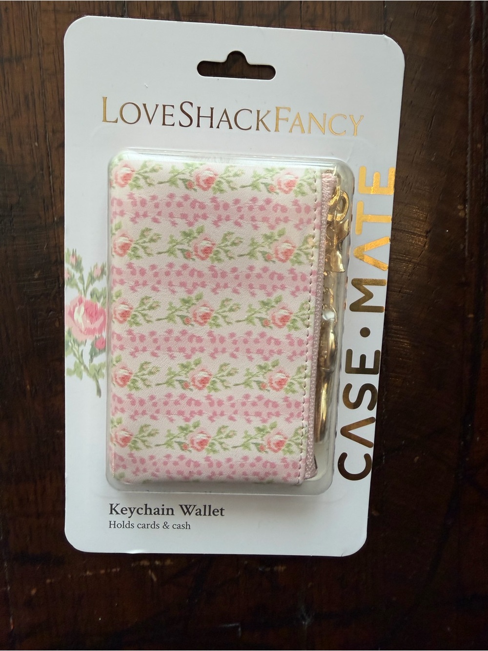 New In Box LoveShackFancy Pink Rose-Stripe Keychain Wallet with Gold Ring